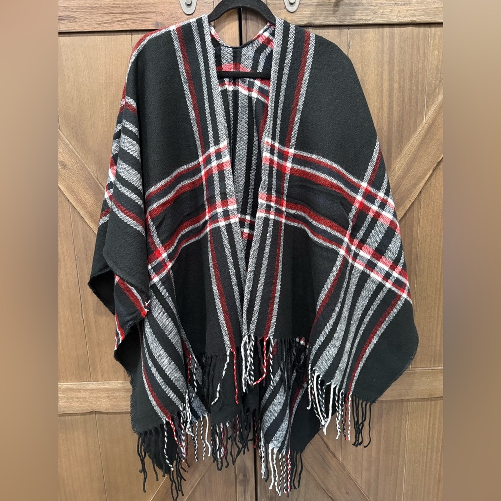 Raj Black and Red Plaid Poncho